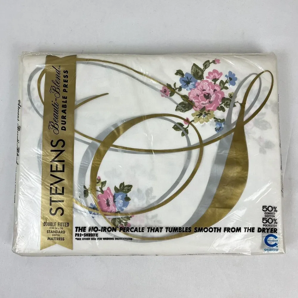 Vintage JP Stevens Double Fitted Bed Sheet Floral Retro Bedding Beauti-Blend NOS